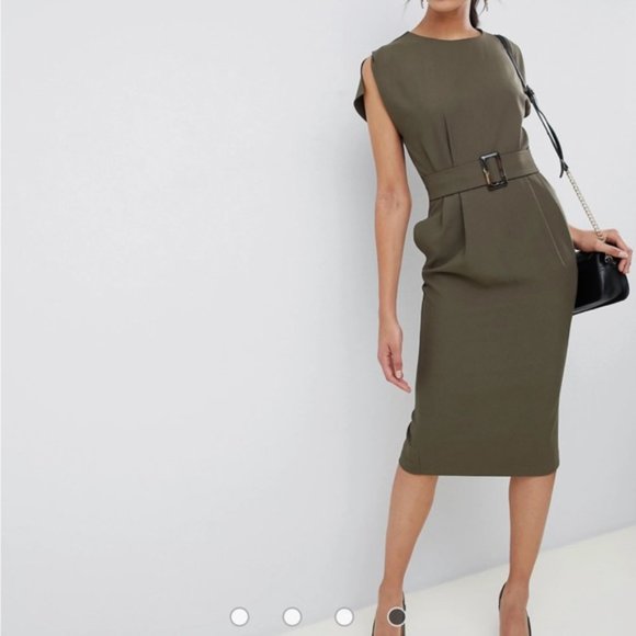 ASOS split cap sleeve midi pencil dress with buckle - Picture 3 of 11
